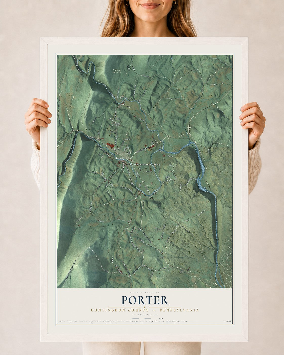 Map of Porter, Huntingdon County, Pennsylvania, 24 x 36 inch print in a white wood frame
