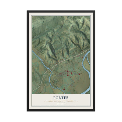 Map of Porter, Lycoming County, Pennsylvania, 12 x 18 inch print in a black wood frame