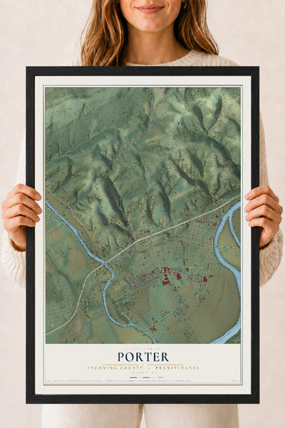 Map of Porter, Lycoming County, Pennsylvania, 18 x 24 inch print in a black wood frame