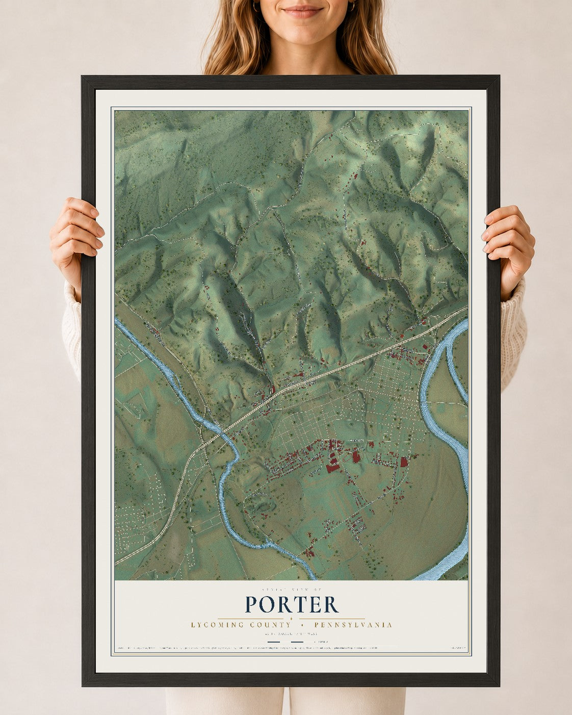 Map of Porter, Lycoming County, Pennsylvania, 24 x 36 inch print in a black wood frame
