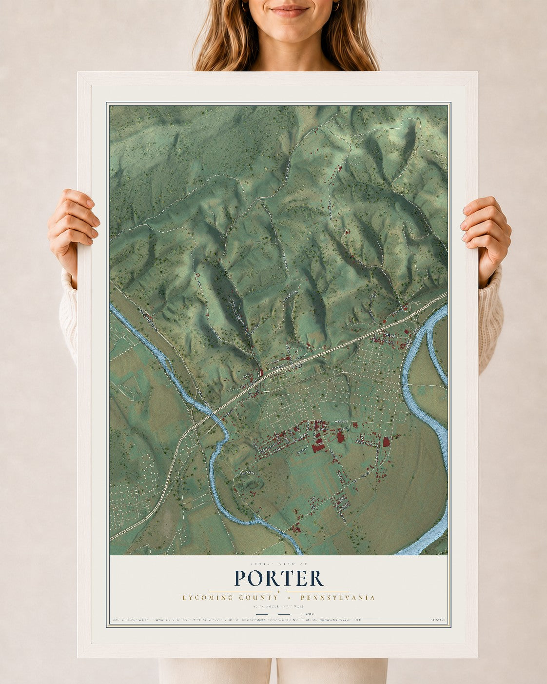 Map of Porter, Lycoming County, Pennsylvania, 24 x 36 inch print in a white wood frame