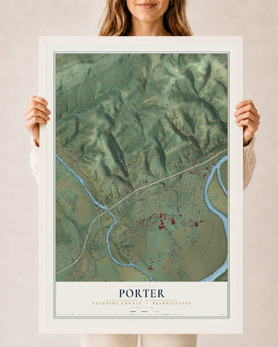 Map of Porter, Lycoming County, Pennsylvania, 24 x 36 inch print in a white wood frame