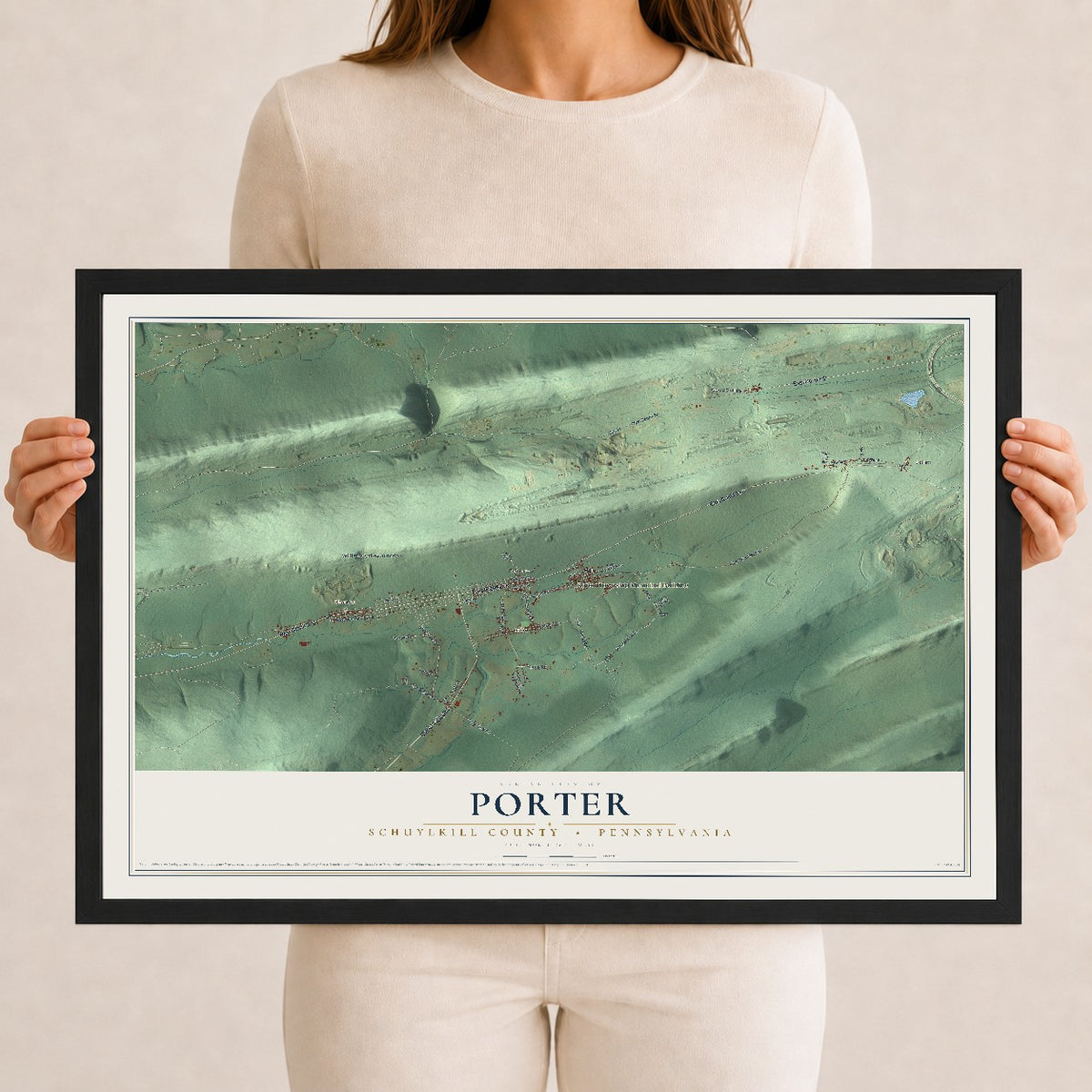 Map of Porter, Schuylkill County, Pennsylvania, 12 x 18 inch print in a black wood frame