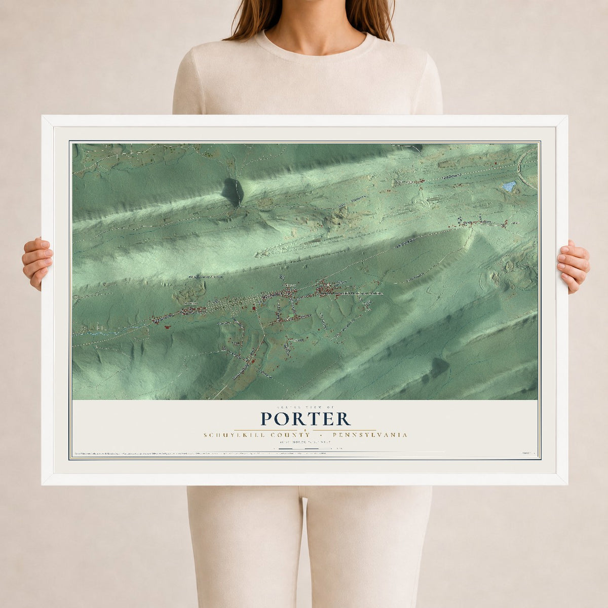 Map of Porter, Schuylkill County, Pennsylvania, 24 x 36 inch print in a white wood frame