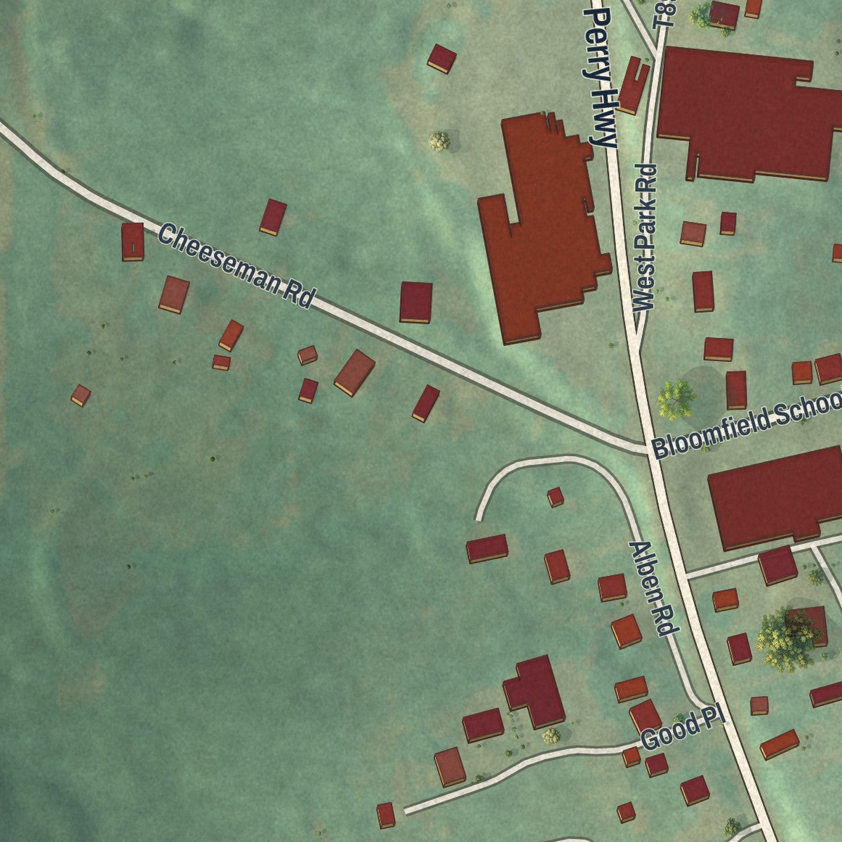 Second close-up of the map of Portersville, Pennsylvania print showing more streets and buildings