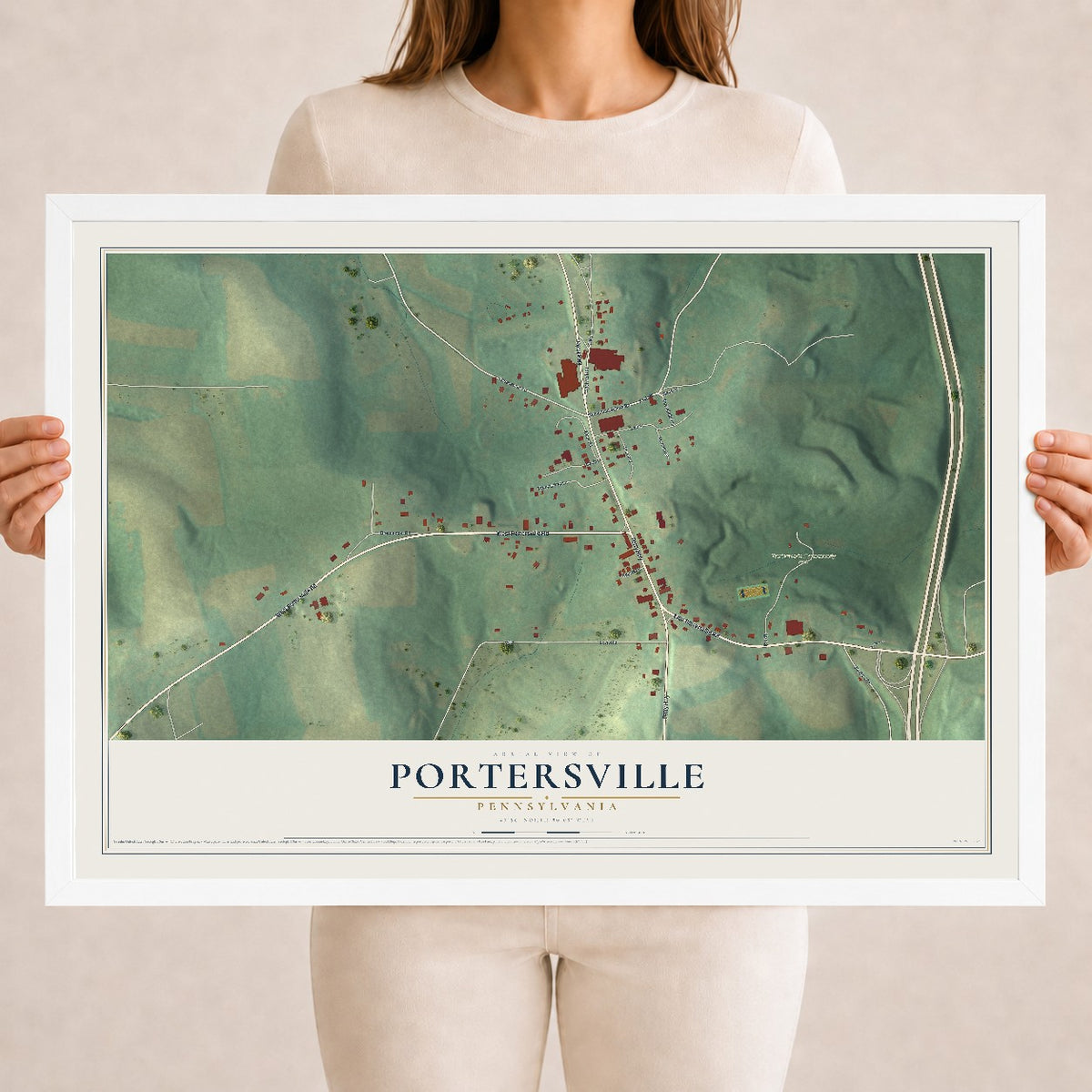 Map of Portersville, Pennsylvania, 18 x 24 inch print in a white wood frame