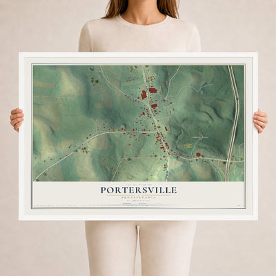 Map of Portersville, Pennsylvania, 24 x 36 inch print in a white wood frame