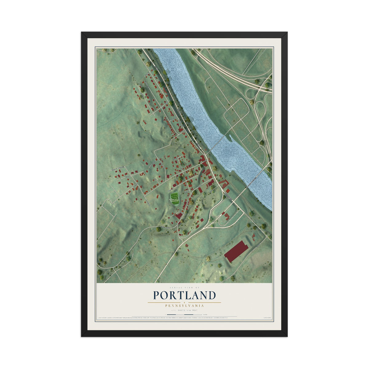 Map of Portland, Pennsylvania, 12 x 18 inch print in a black wood frame