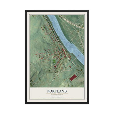 Map of Portland, Pennsylvania, 12 x 18 inch print in a black wood frame