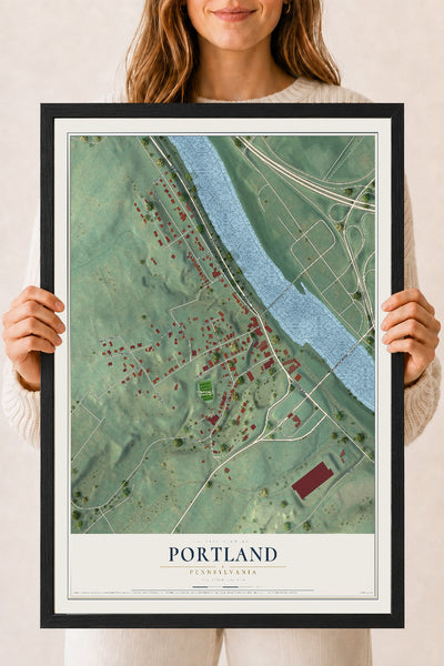 Map of Portland, Pennsylvania, 18 x 24 inch print in a black wood frame