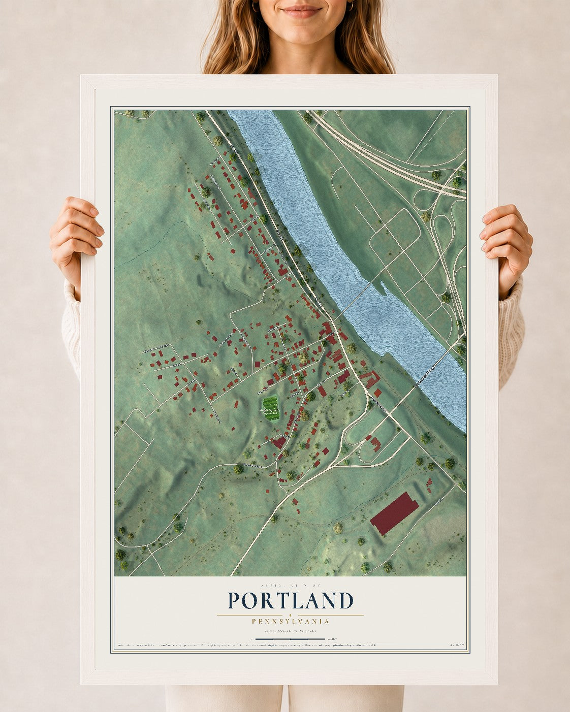 Map of Portland, Pennsylvania, 24 x 36 inch print in a white wood frame
