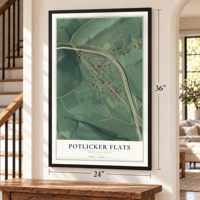Potlicker Flats, Pennsylvania map, 24 x 36 inch print in a black frame by a staircase