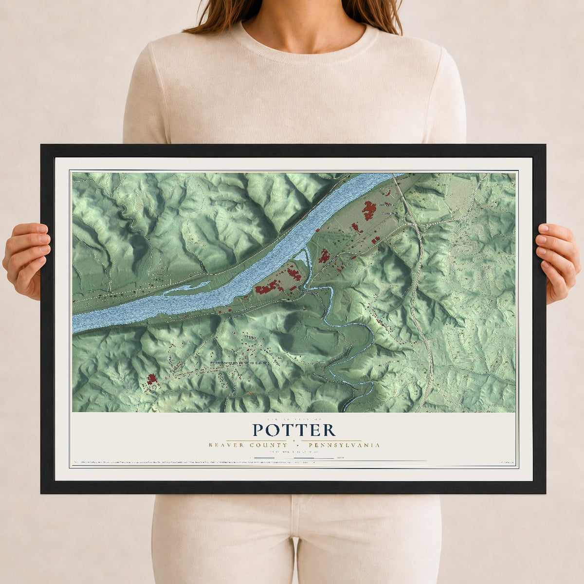 Map of Potter, Beaver County, Pennsylvania, 12 x 18 inch print in a black wood frame
