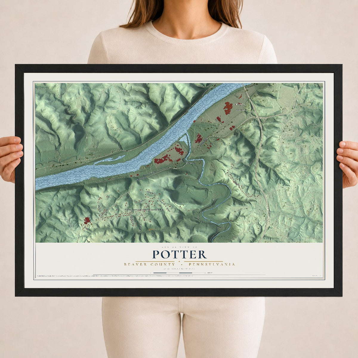 Map of Potter, Beaver County, Pennsylvania, 18 x 24 inch print in a black wood frame