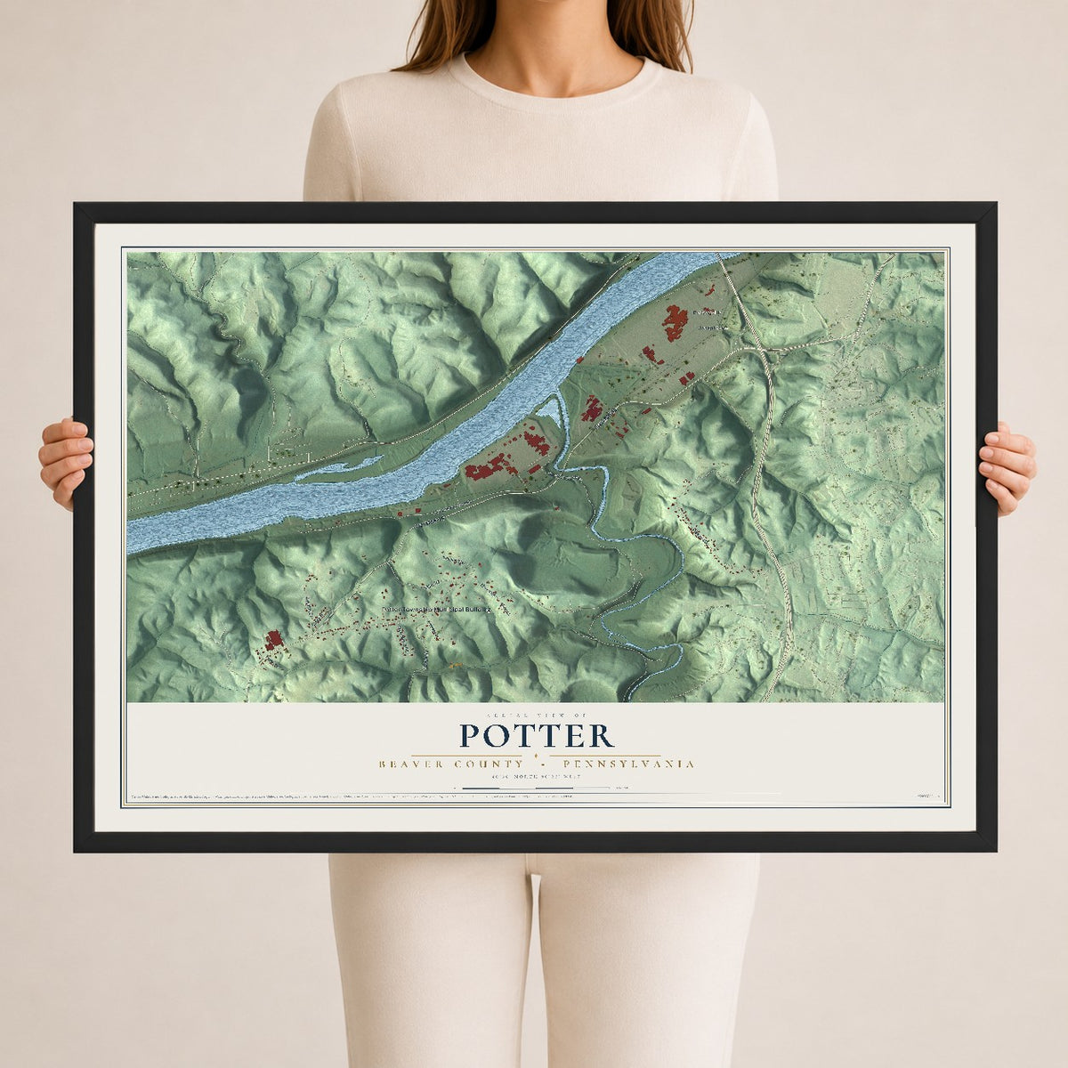 Map of Potter, Beaver County, Pennsylvania, 24 x 36 inch print in a black wood frame