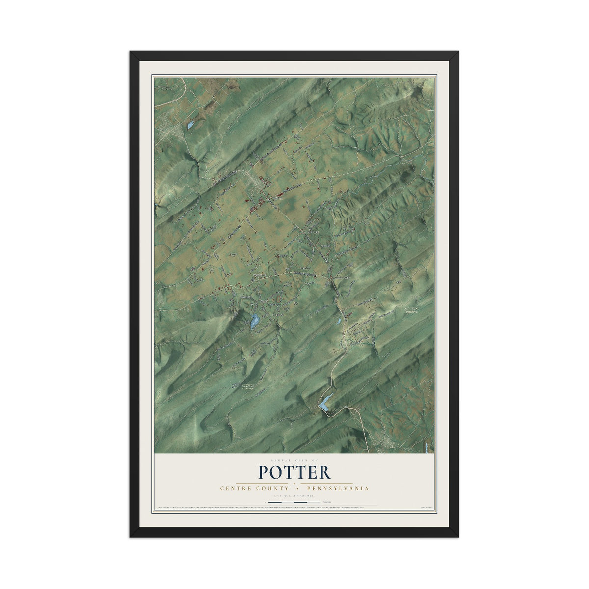 Map of Potter, Centre County, Pennsylvania, 12 x 18 inch print in a black wood frame