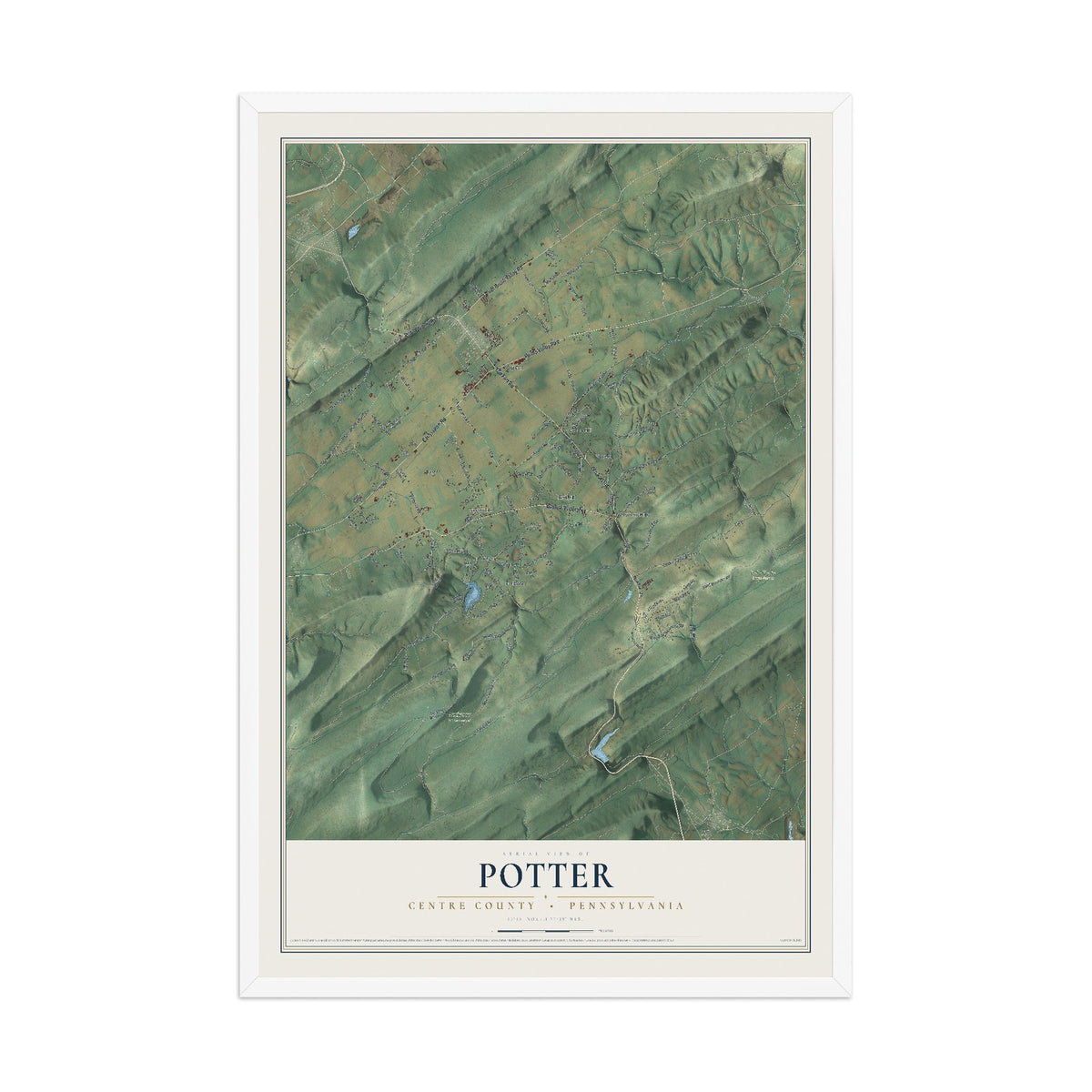 Map of Potter, Centre County, Pennsylvania, 12 x 18 inch print in a white wood frame