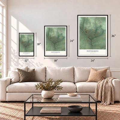 Pottsgrove, Pennsylvania map in 12 x 18, 18 x 24 and 24 x 36 inch sizes above a sofa