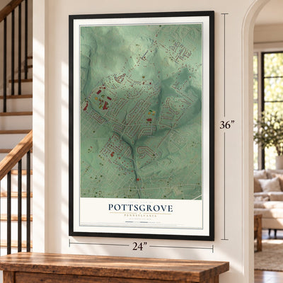 Pottsgrove, Pennsylvania map, 24 x 36 inch print in a black frame by a staircase