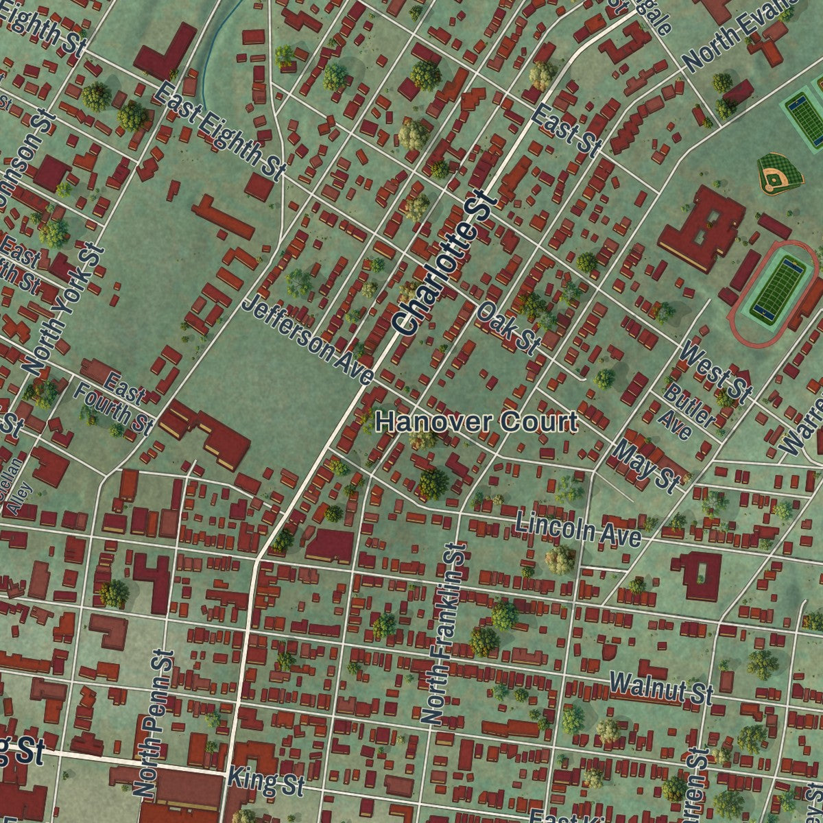 Close-up of the map of Pottstown, Pennsylvania print showing street and building detail
