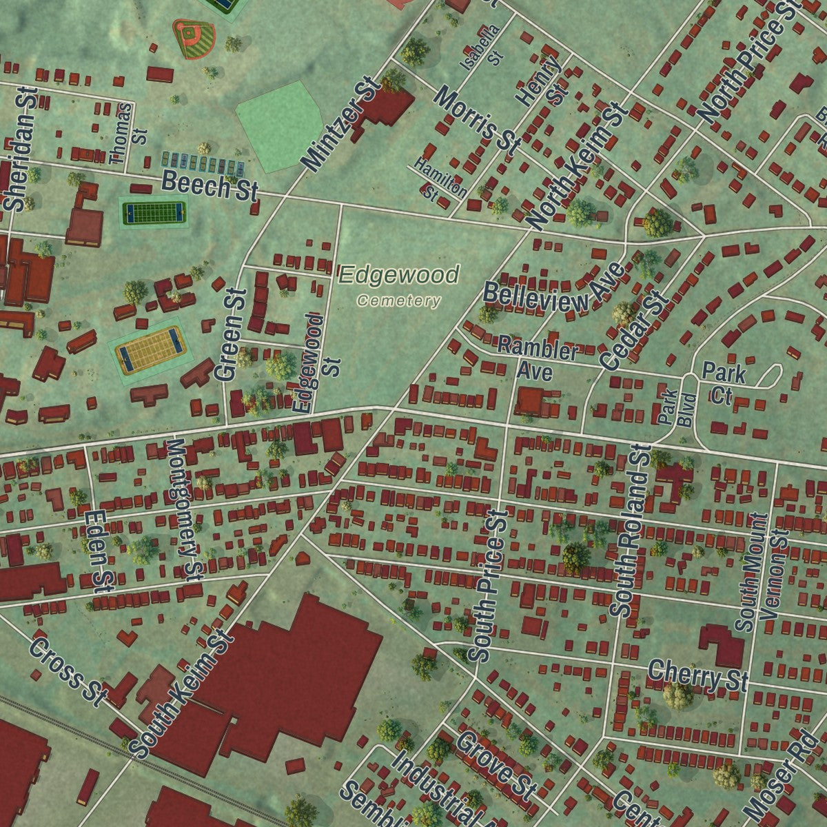 Second close-up of the map of Pottstown, Pennsylvania print showing more streets and buildings