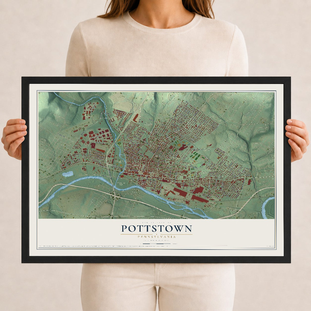 Map of Pottstown, Pennsylvania, 12 x 18 inch print in a black wood frame