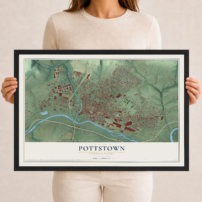 Map of Pottstown, Pennsylvania, 12 x 18 inch print in a black wood frame