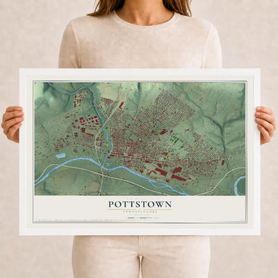 Map of Pottstown, Pennsylvania, 12 x 18 inch print in a white wood frame