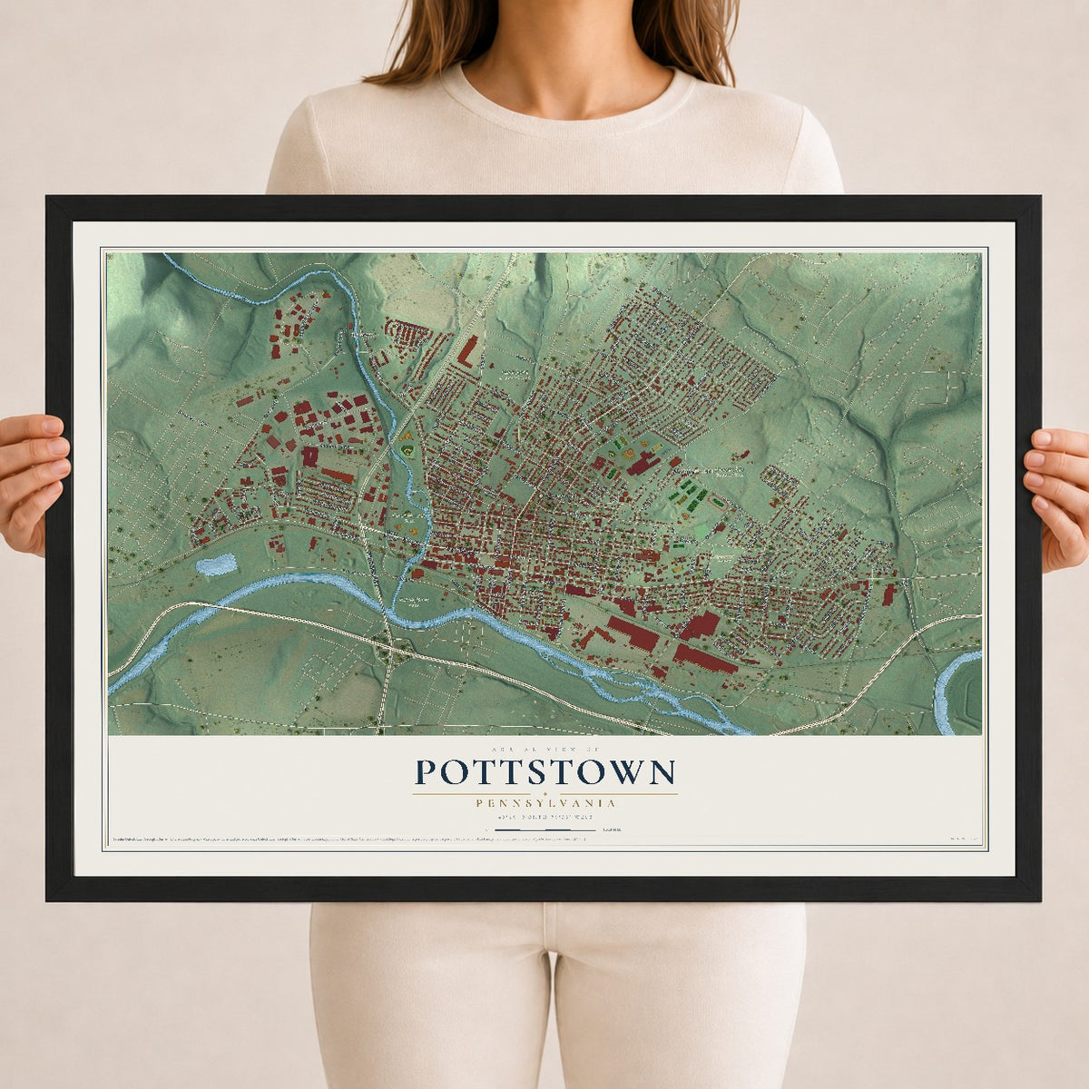Map of Pottstown, Pennsylvania, 18 x 24 inch print in a black wood frame