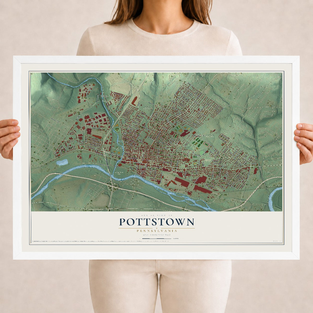 Map of Pottstown, Pennsylvania, 18 x 24 inch print in a white wood frame