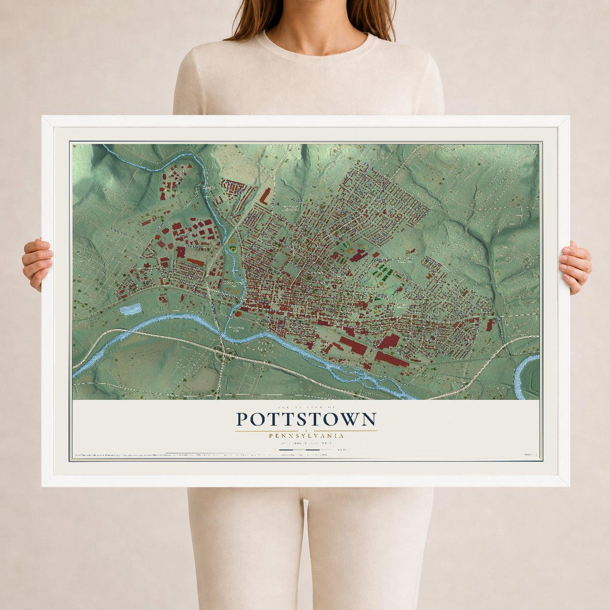 Map of Pottstown, Pennsylvania, 24 x 36 inch print in a white wood frame