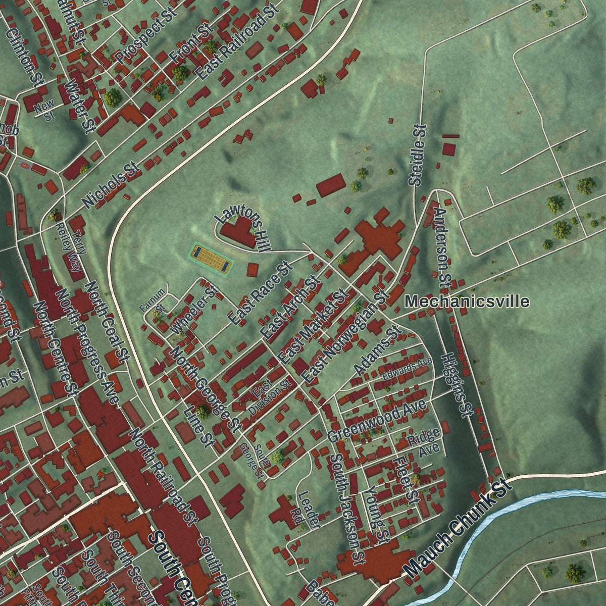 Second close-up of the map of Pottsville, Pennsylvania print showing more streets and buildings