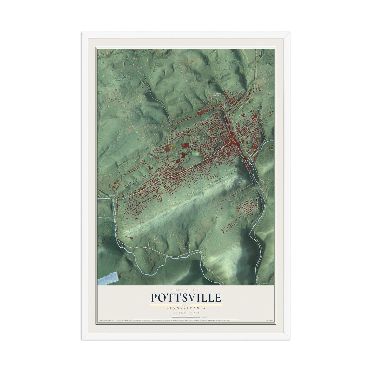Map of Pottsville, Pennsylvania, 12 x 18 inch print in a white wood frame