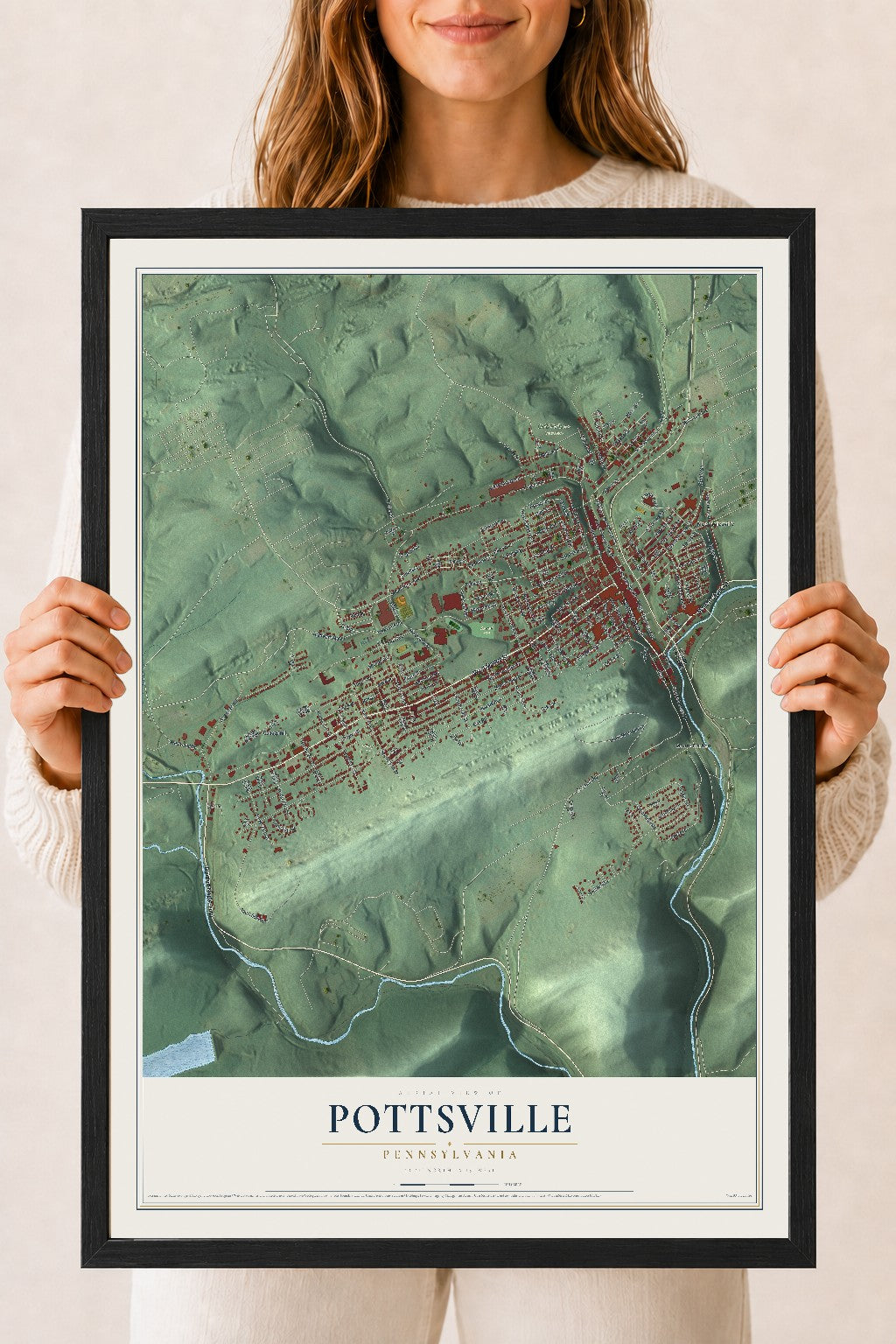 Map of Pottsville, Pennsylvania, 18 x 24 inch print in a black wood frame