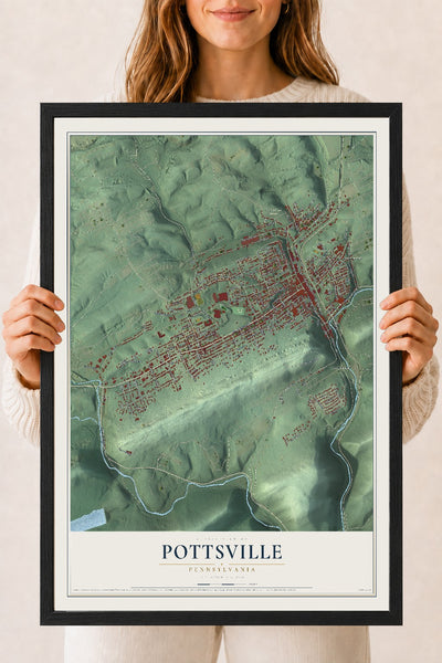 Map of Pottsville, Pennsylvania, 18 x 24 inch print in a black wood frame