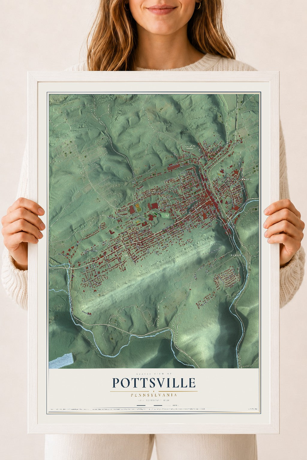 Map of Pottsville, Pennsylvania, 18 x 24 inch print in a white wood frame