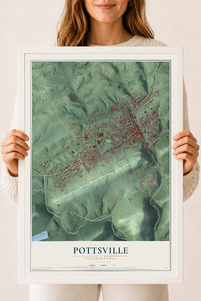 Map of Pottsville, Pennsylvania, 18 x 24 inch print in a white wood frame