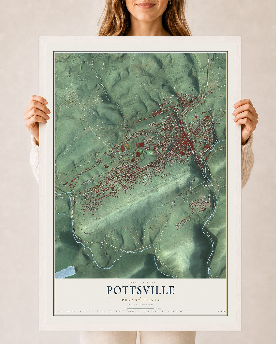 Map of Pottsville, Pennsylvania, 24 x 36 inch print in a white wood frame