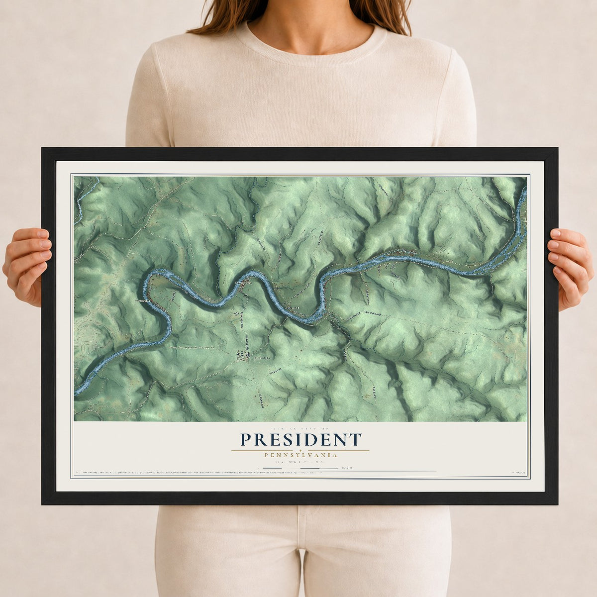 Map of President, Pennsylvania, 12 x 18 inch print in a black wood frame
