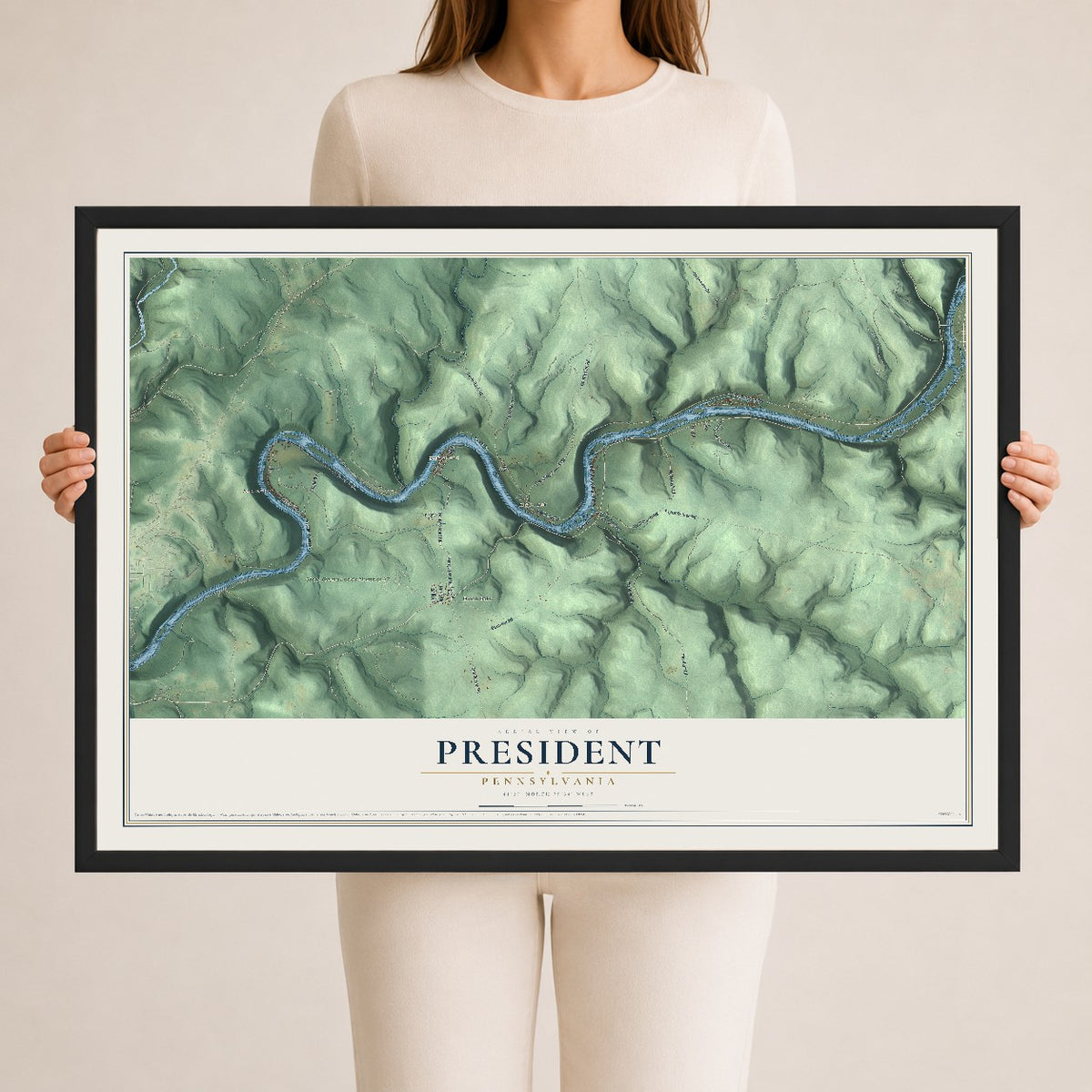 Map of President, Pennsylvania, 24 x 36 inch print in a black wood frame