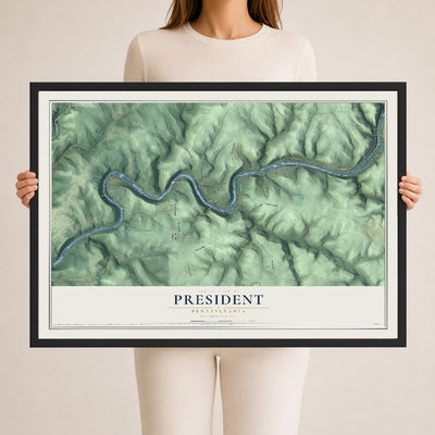 Map of President, Pennsylvania, 24 x 36 inch print in a black wood frame