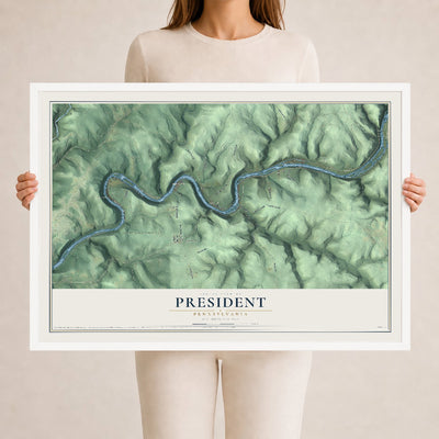 Map of President, Pennsylvania, 24 x 36 inch print in a white wood frame