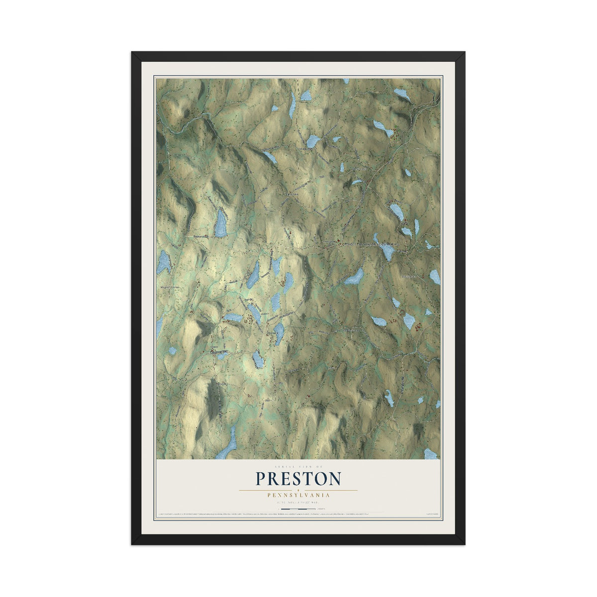 Map of Preston, Pennsylvania, 12 x 18 inch print in a black wood frame