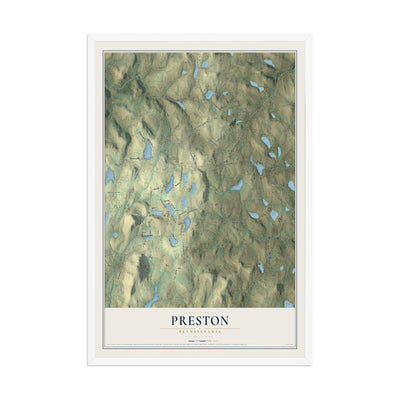 Map of Preston, Pennsylvania, 12 x 18 inch print in a white wood frame