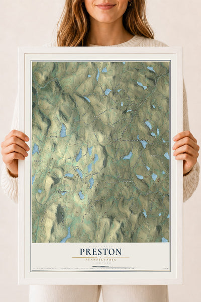 Map of Preston, Pennsylvania, 18 x 24 inch print in a white wood frame