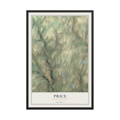 Map of Price, Pennsylvania, 12 x 18 inch print in a black wood frame