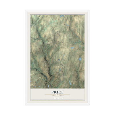Map of Price, Pennsylvania, 12 x 18 inch print in a white wood frame