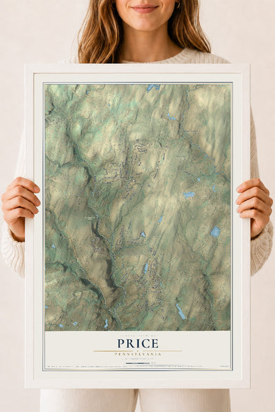Map of Price, Pennsylvania, 18 x 24 inch print in a white wood frame
