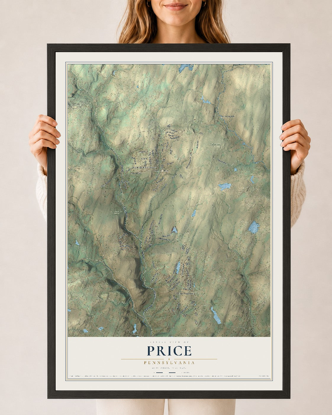 Map of Price, Pennsylvania, 24 x 36 inch print in a black wood frame