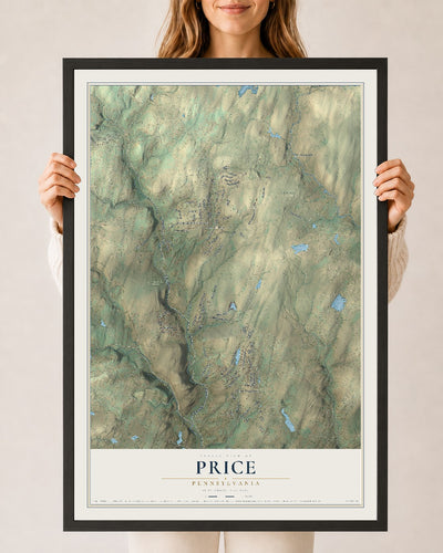 Map of Price, Pennsylvania, 24 x 36 inch print in a black wood frame